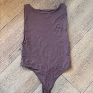 AURA Brown Sleek Thong Bodysuit M/L Nylon Spandex Side Cut High Cut
